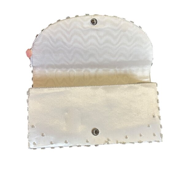 Vintage Ivory Floral Beaded Satin Evening Bag Clutch Bridal 1950s Glam Formal - Picture 5 of 8